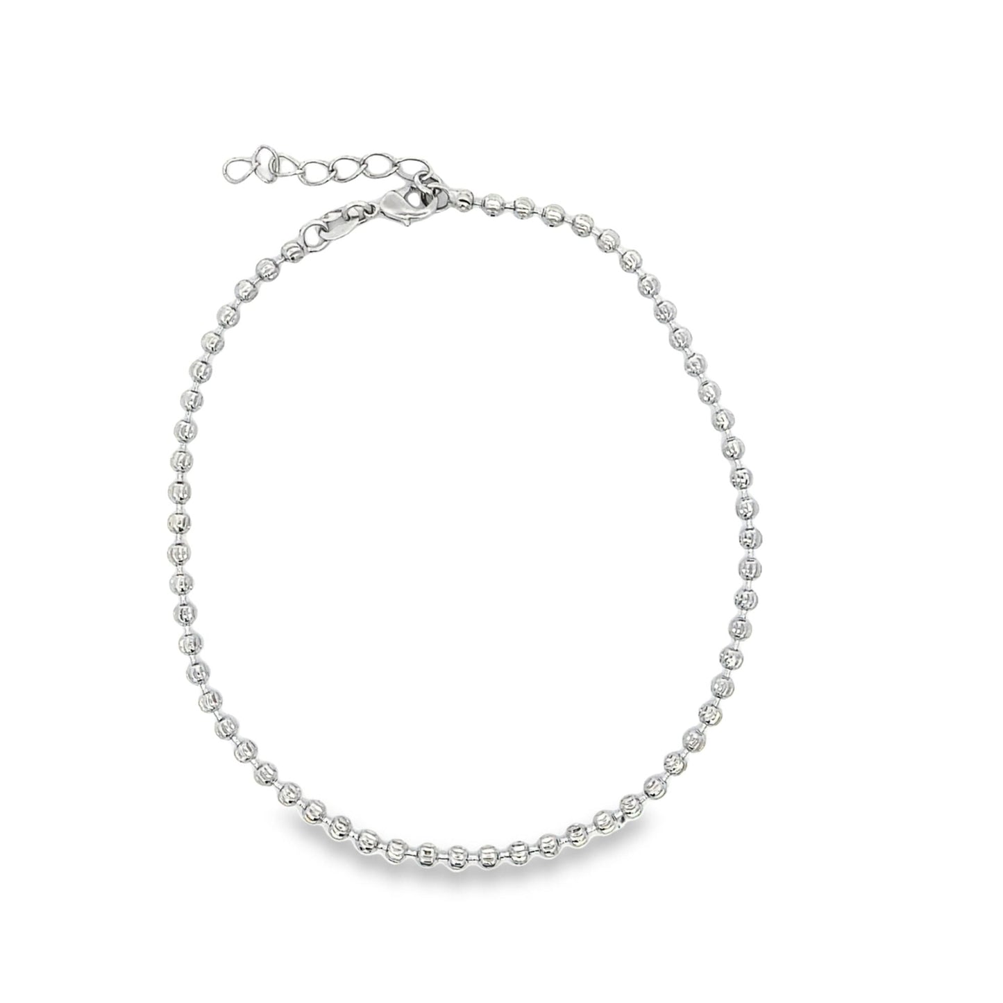 A shimmering sterling silver ball chain necklace curves gracefully against a clean white background.