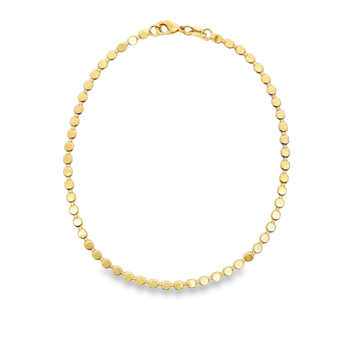 A delicate gold disk necklace features a continuous strand of tiny, round, shimmering medallions.