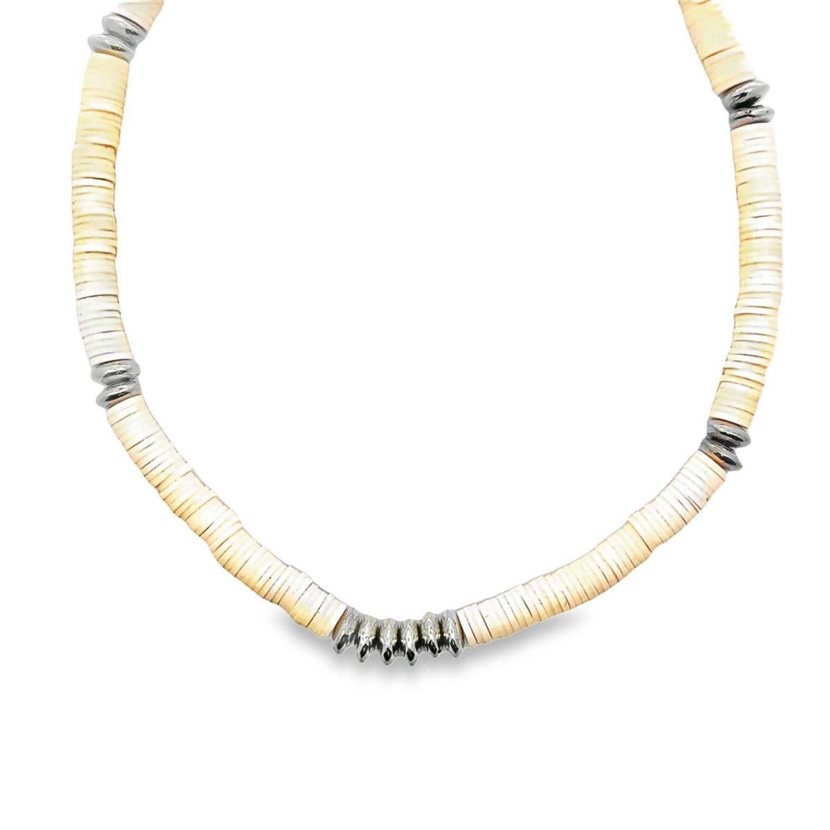 A handmade choker necklace features alternating sections of off-white disc beads and textured silver metal spacers against a plain white background.