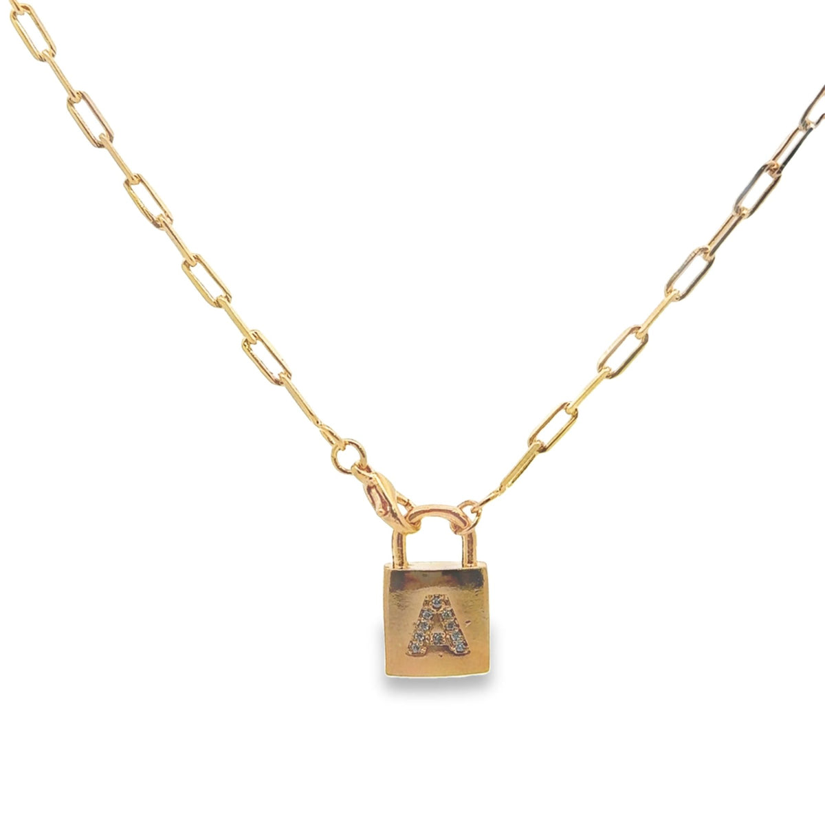 A delicate gold paperclip chain necklace features a padlock pendant encrusted with a sparkling diamond initial A.