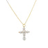 A delicate gold chain holds a pearl cross pendant featuring lustrous round pearls arranged in a cruciform shape against a clean white background.