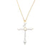A delicate gold chain holds a unique cross pendant crafted from irregularly shaped white pearls against a plain white background.