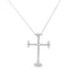 A delicate silver cross pendant embellished with sparkling diamonds hangs gracefully from a matching thin chain necklace.