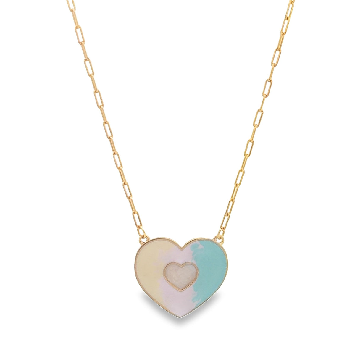 A gold link chain necklace features a pastel-colored heart pendant with a smaller heart cutout in the center.