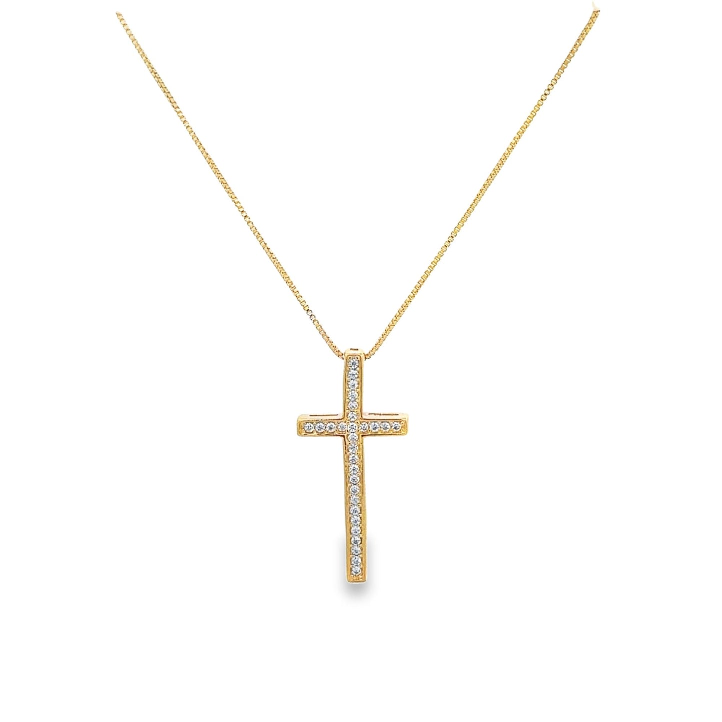 A delicate gold cross pendant encrusted with sparkling diamonds hangs gracefully from a matching gold chain.