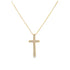 A delicate gold cross pendant encrusted with sparkling diamonds hangs gracefully from a matching gold chain.