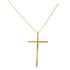 A delicate gold cross pendant encrusted with small black diamonds hangs from a matching box chain.