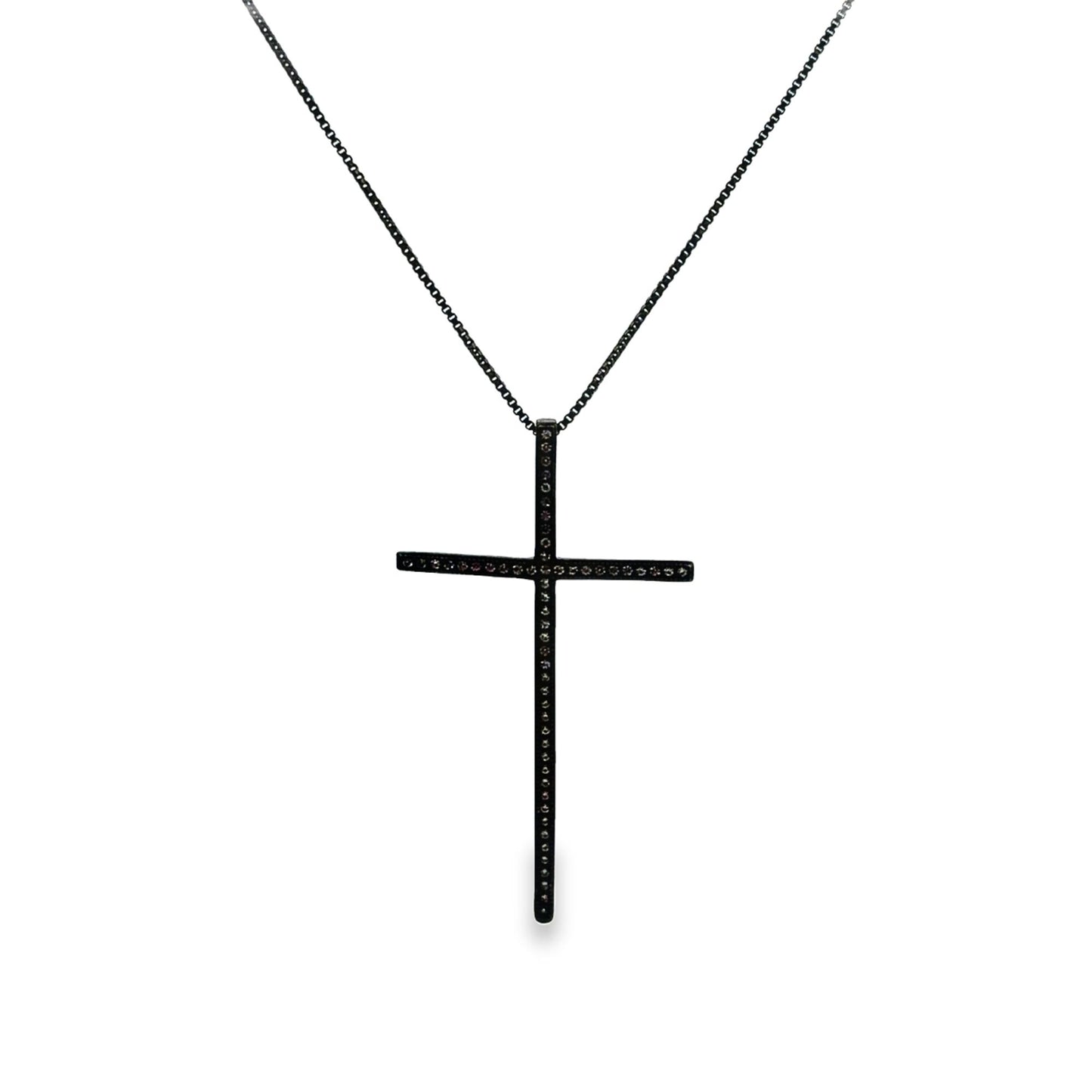A black pavé diamond cross pendant hangs gracefully from a delicate matching black chain.