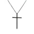 A black pavé diamond cross pendant hangs gracefully from a delicate matching black chain.