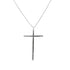 A silver cross pendant necklace encrusted with black diamonds hangs from a delicate box chain.