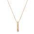 A delicate rose gold box chain necklace features a vertical bar pendant stamped with the word LOVE.