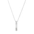 A silver bar pendant necklace features the engraved word LOVE on a delicate chain.