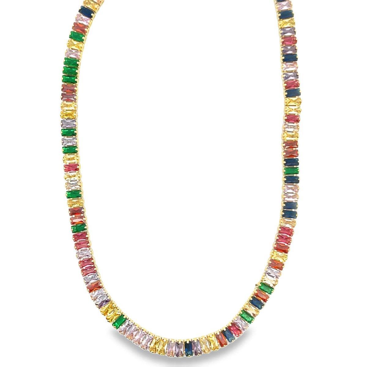 A gold tennis necklace features a continuous line of vibrant, multi-colored baguette-cut cubic zirconia stones.