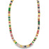 A gold tennis necklace features a continuous line of vibrant, multi-colored baguette-cut cubic zirconia stones.