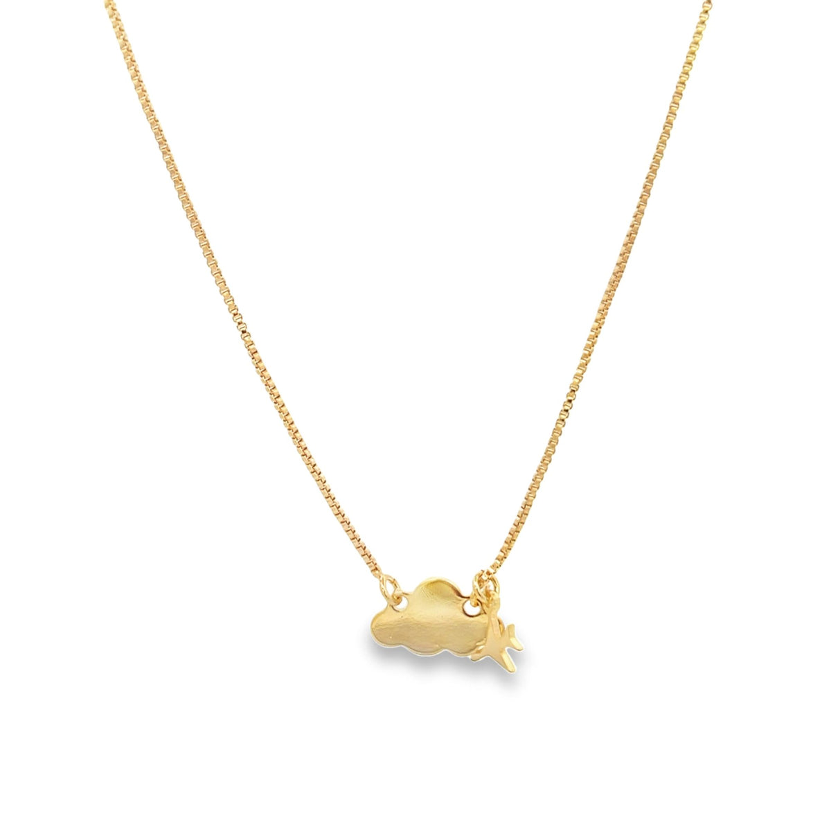 A delicate gold box chain necklace features a charming gold cloud pendant with a tiny airplane charm dangling beside it.