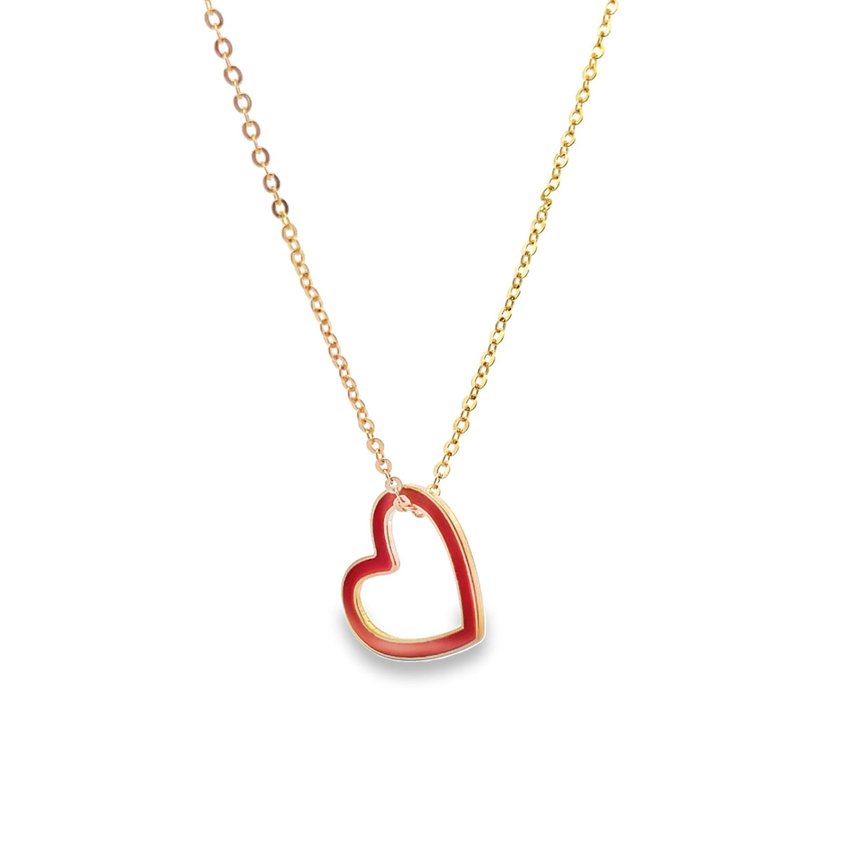 A delicate gold chain holds an enamel red heart pendant against a clean white background.