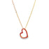 A delicate gold chain holds an enamel red heart pendant against a clean white background.