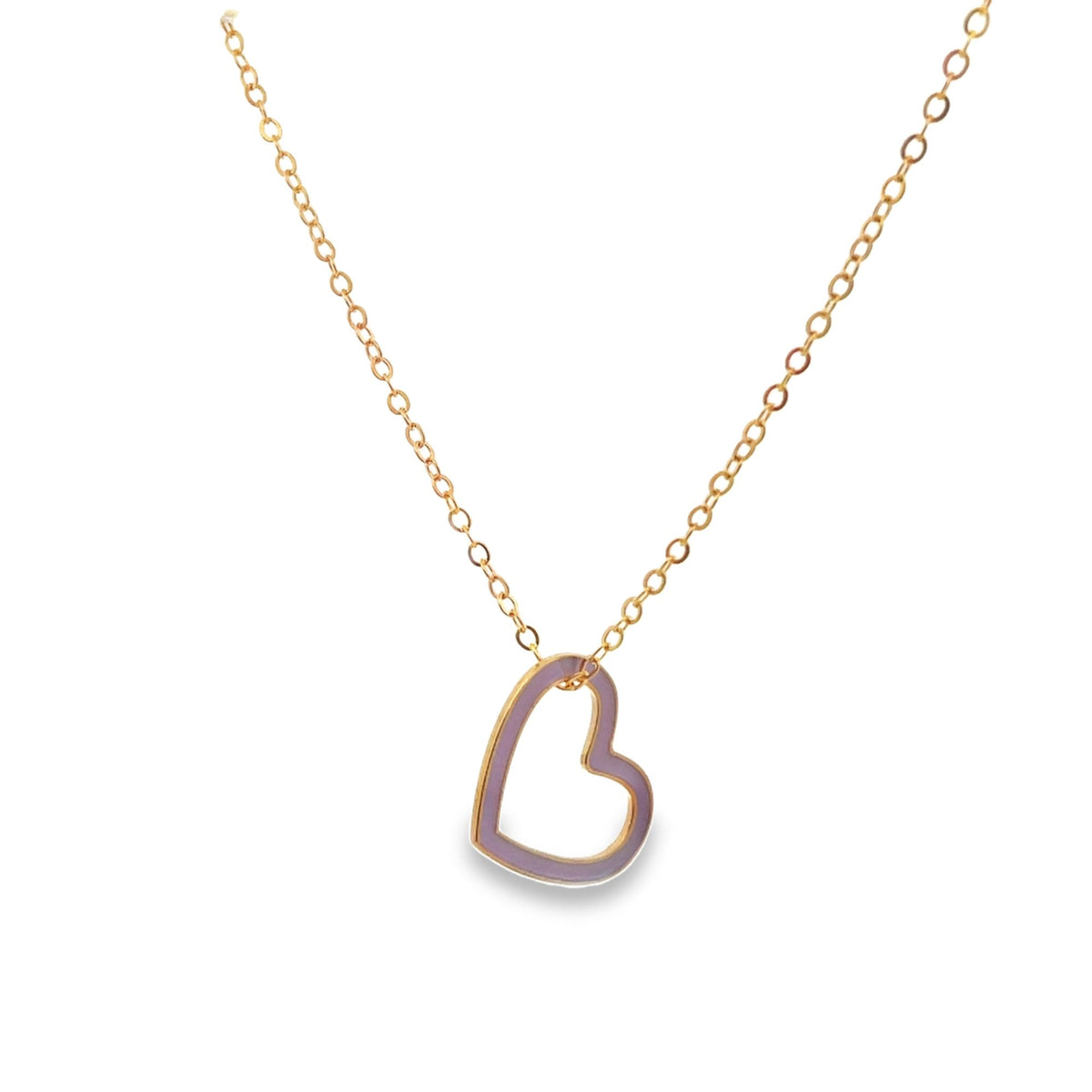 A delicate gold-link chain necklace suspends a purple enamel heart pendant against a white background.