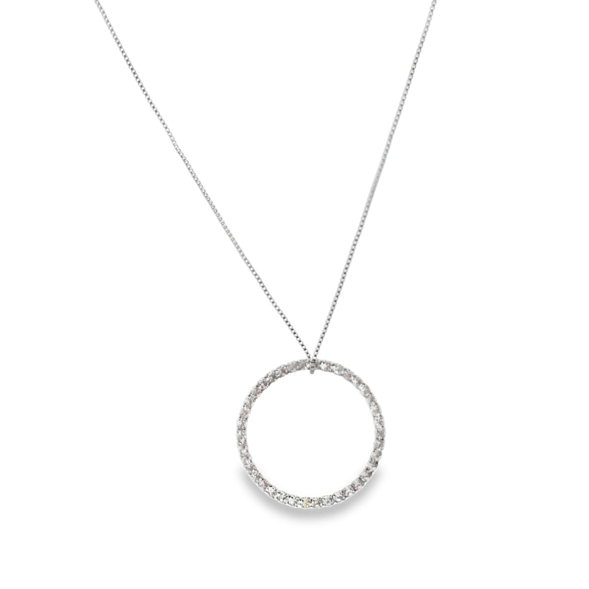 A delicate silver diamond circle pendant hangs from a matching box chain against a clean white background.