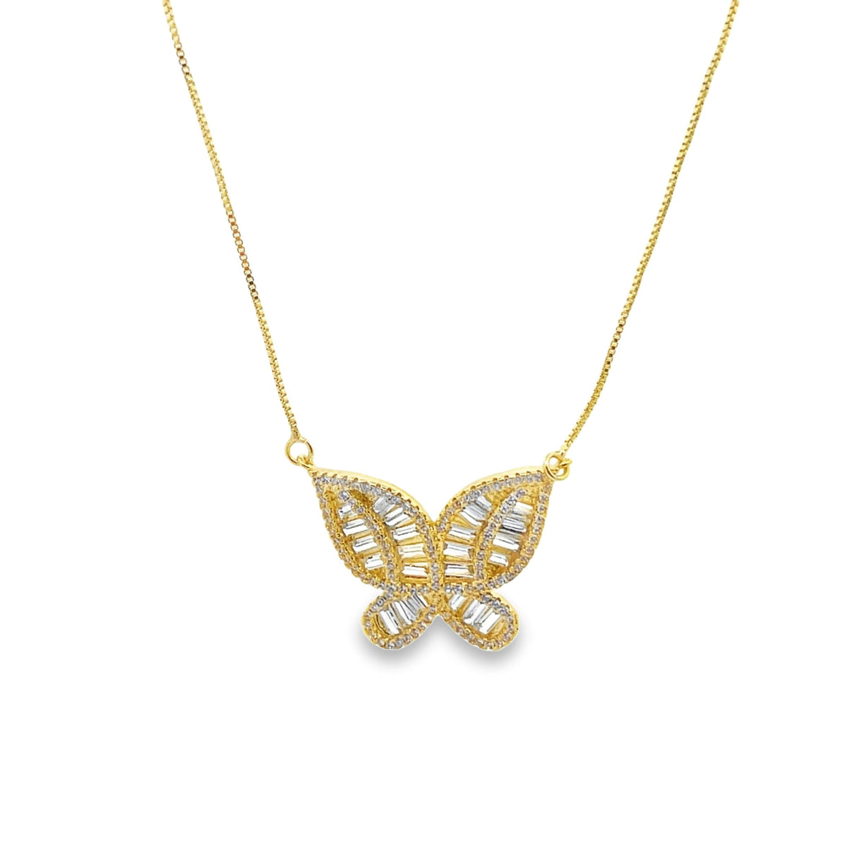A delicate gold butterfly pendant necklace sparkles with baguette-cut diamonds on a thin chain.