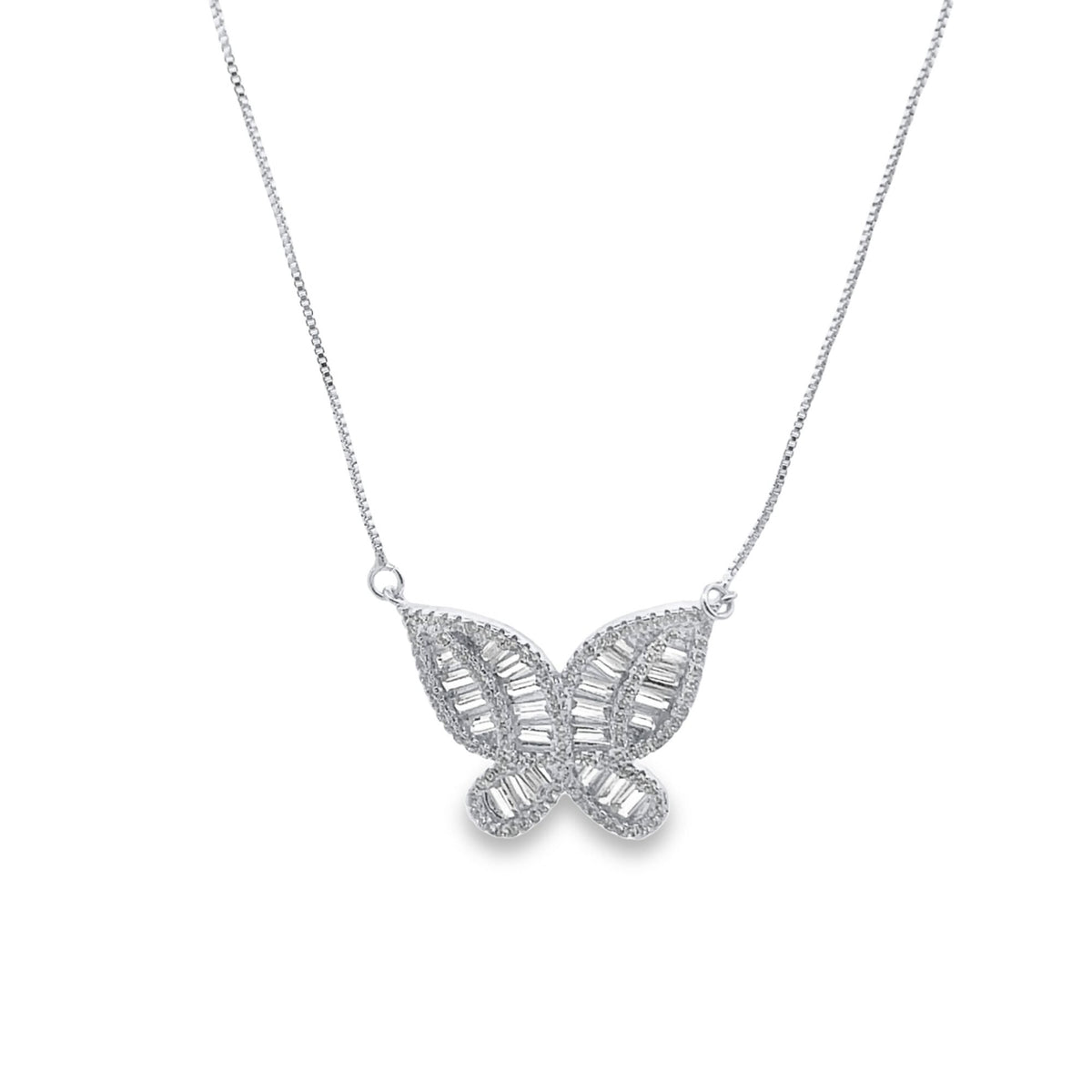 A delicate silver butterfly pendant necklace sparkles with baguette-cut diamonds against a clean white background.