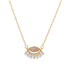 A delicate gold evil eye necklace features sparkling cubic zirconia crystals on a fine chain against a white background.