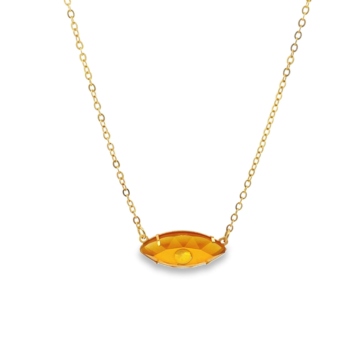 A delicate gold chain necklace features an eye-shaped, faceted yellow citrine gemstone pendant against a clean white background.