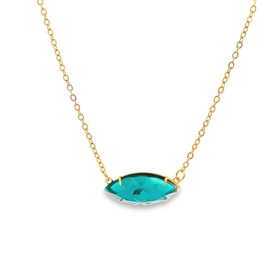 A delicate gold chain necklace features a vibrant teal gemstone pendant shaped like an evil eye.