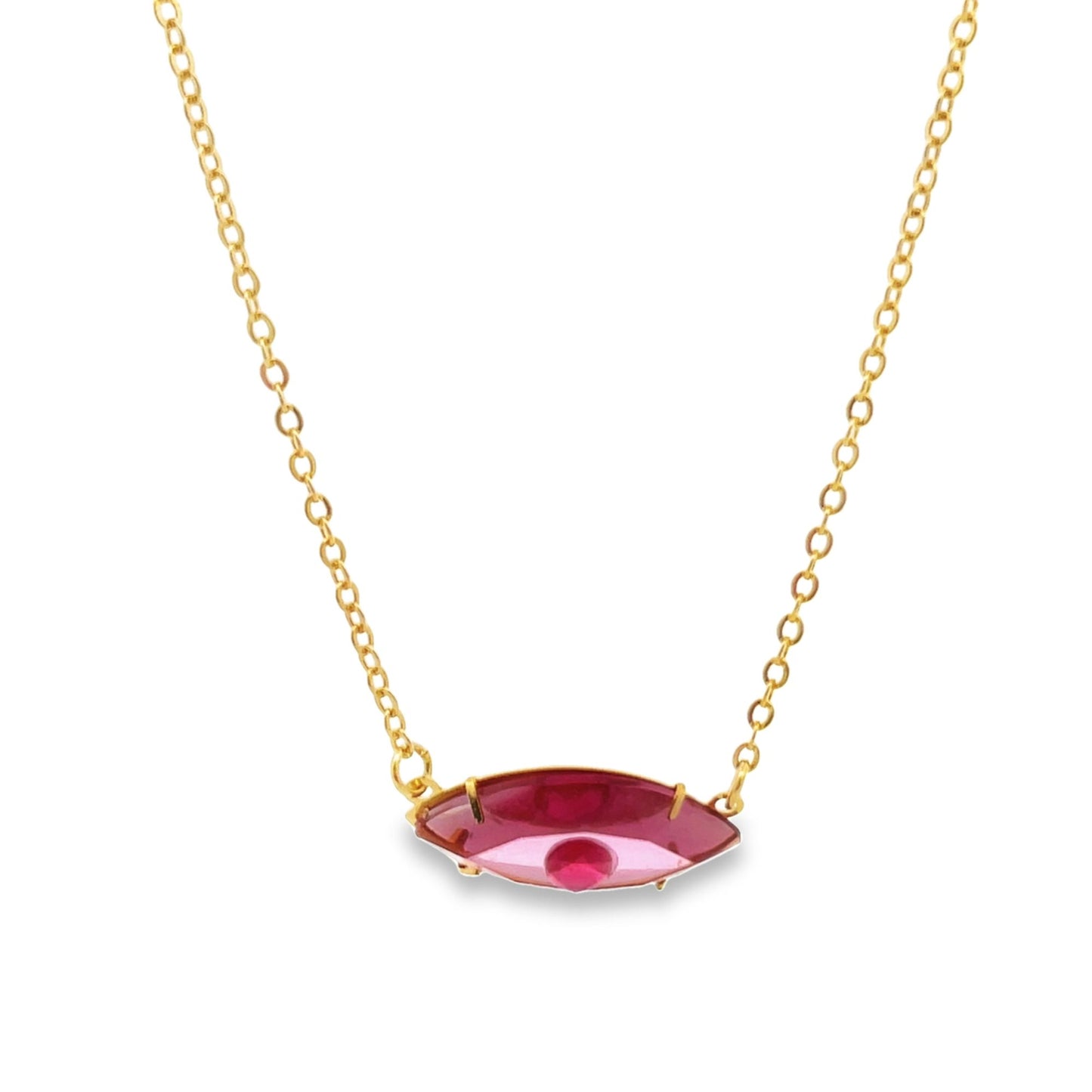 A delicate gold chain holds an eye-shaped pink gemstone pendant against a plain white background.