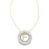A gold chain necklace displays a round pendant featuring a sparkling diamond-encrusted initial F surrounded by baguette crystals.
