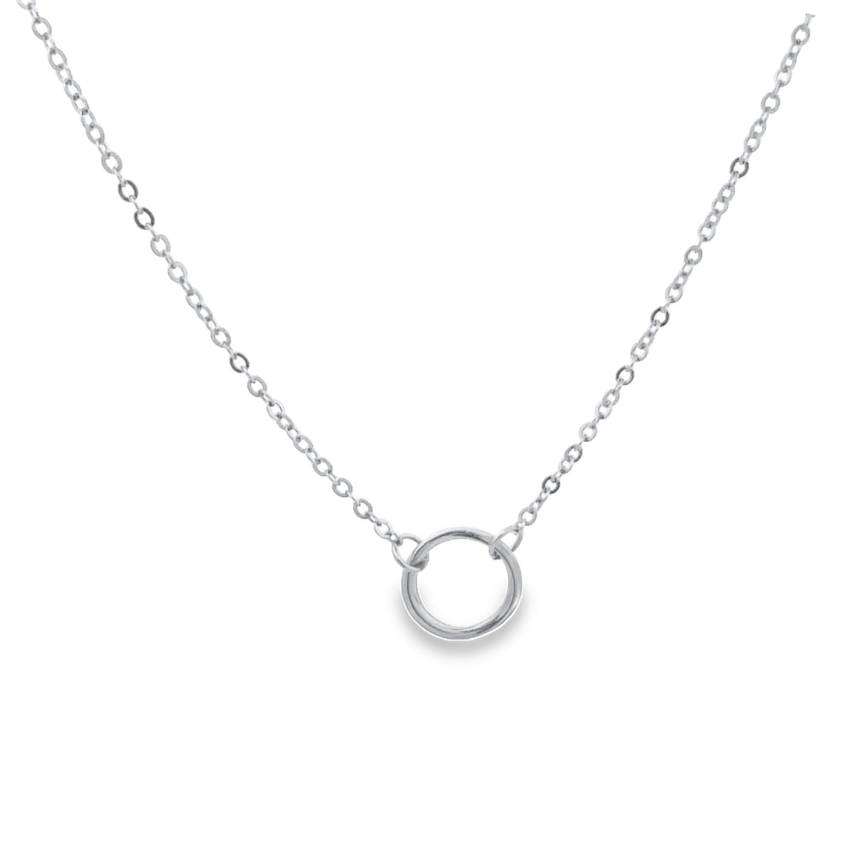 A delicate silver chain necklace features a minimalist round pendant suspended against a plain white background.