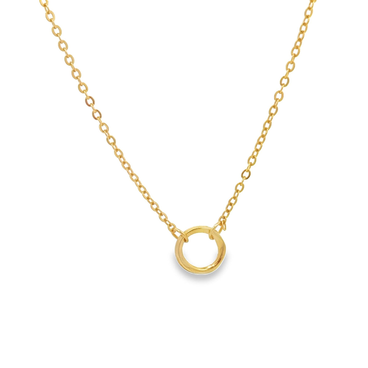 A delicate gold chain necklace features a minimalist round pendant against a plain white background.