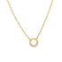 A delicate gold chain necklace features a minimalist round pendant against a plain white background.