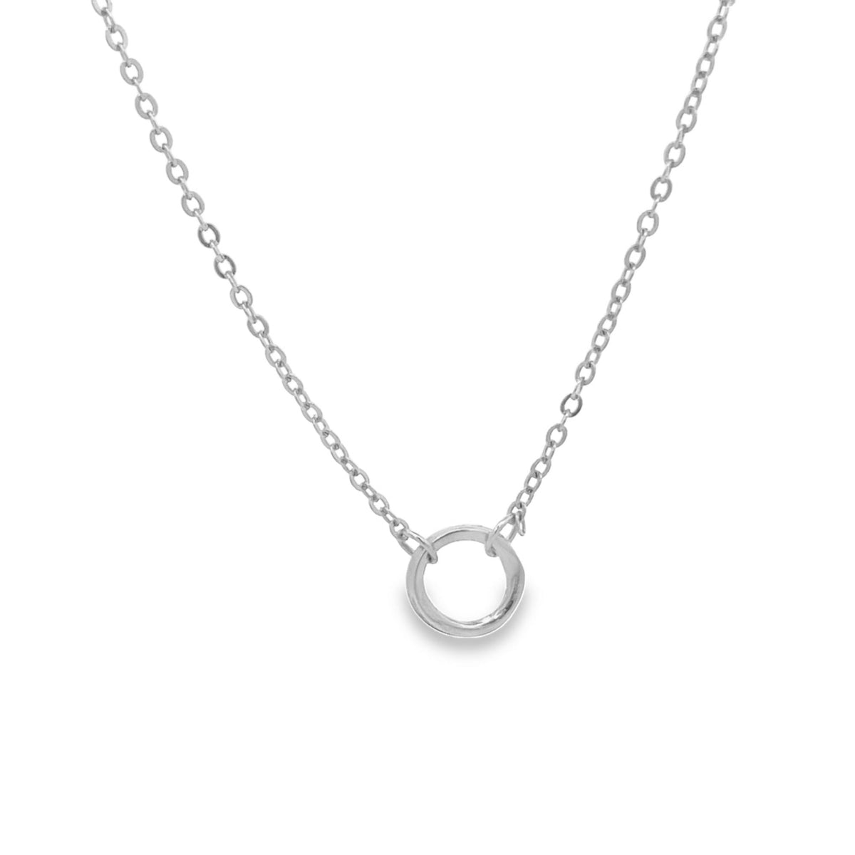A silver delicate chain necklace features a minimalist open circle pendant suspended against a clean white background.
