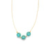 A delicate gold chain necklace features three sparkling turquoise crystal pendants.