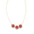 A delicate gold chain necklace features three sparkling red crystal cluster pendants against a clean white background.