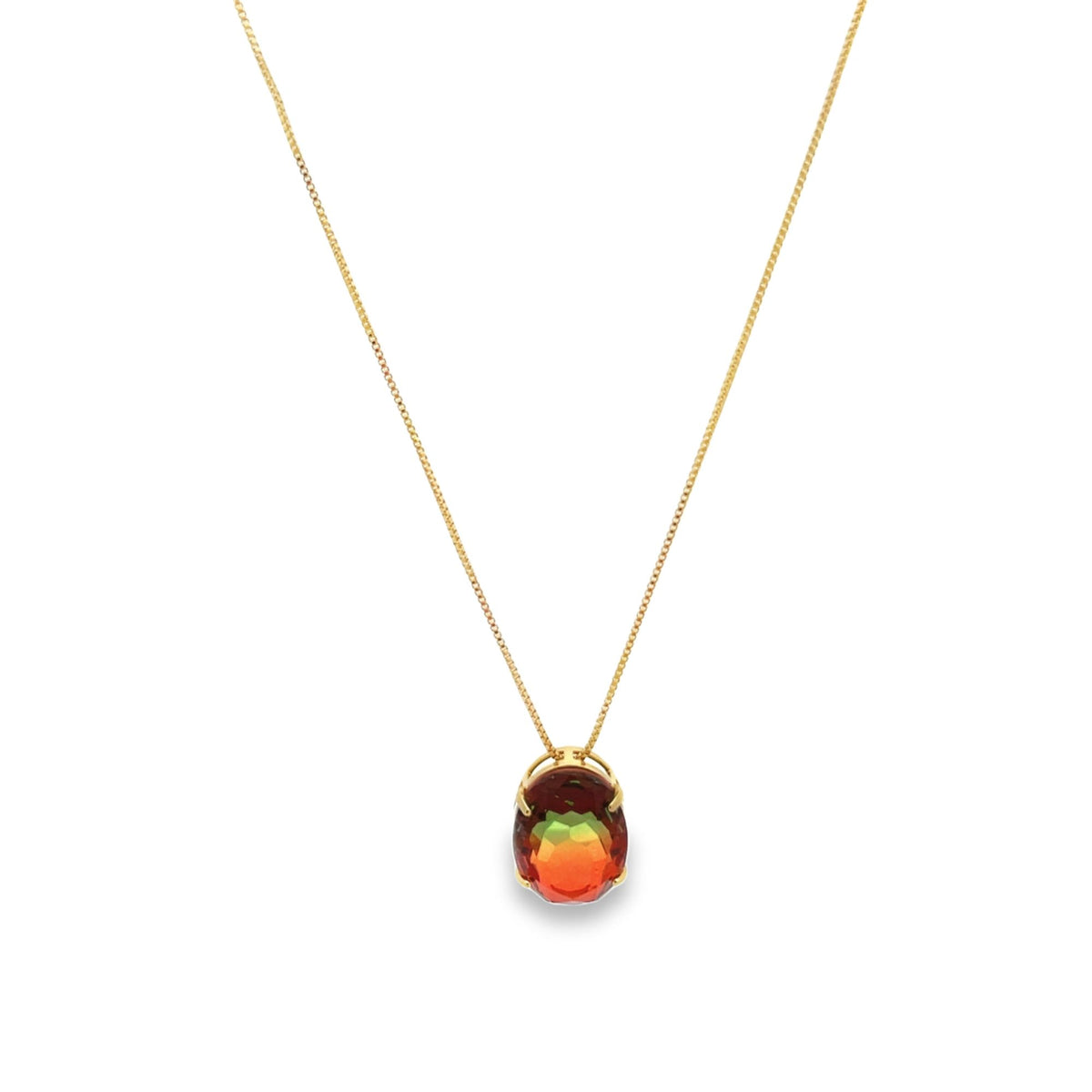 A delicate gold chain necklace suspends a vibrant, multi-colored oval gemstone pendant featuring shifting hues of red, orange, and green.