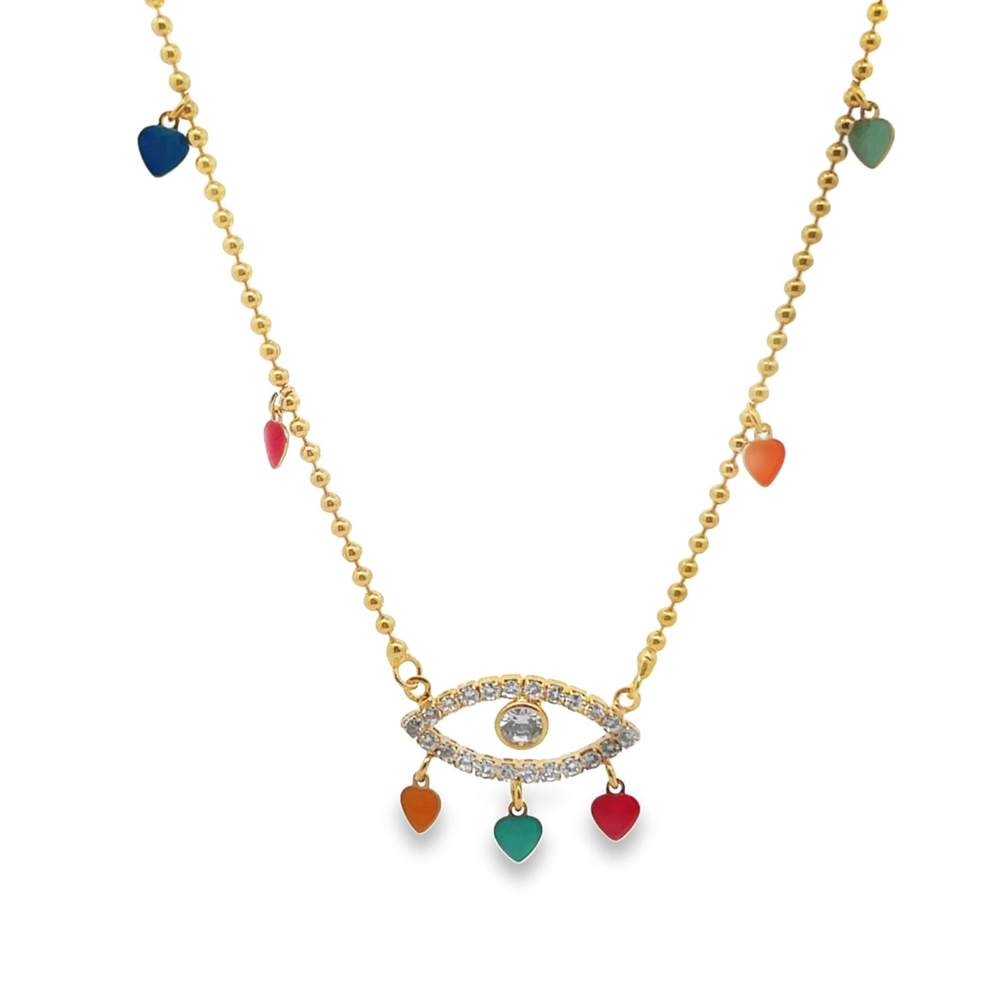 A gold beaded necklace features a sparkling evil eye pendant adorned with dangling colorful heart charms.