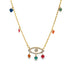 A gold beaded necklace features a sparkling evil eye pendant adorned with dangling colorful heart charms.