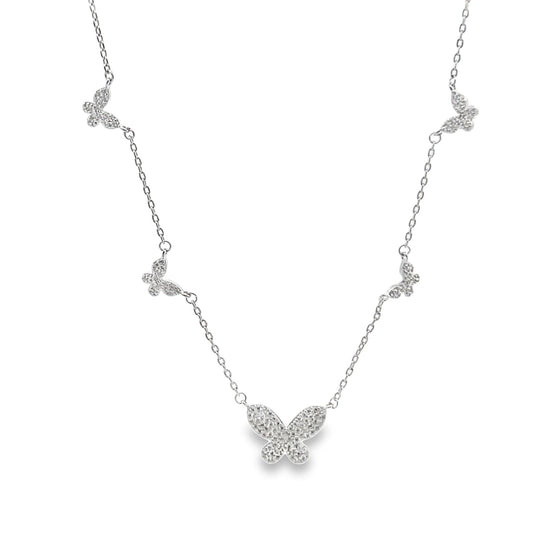 A delicate sterling silver butterfly pendant necklace sparkles with pavé-set diamonds along its chain.