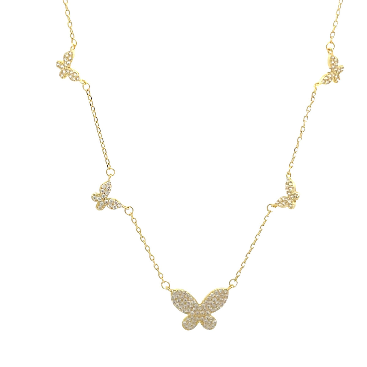 A delicate gold butterfly station necklace features sparkling pavé-set crystals along its chain against a clean white background.