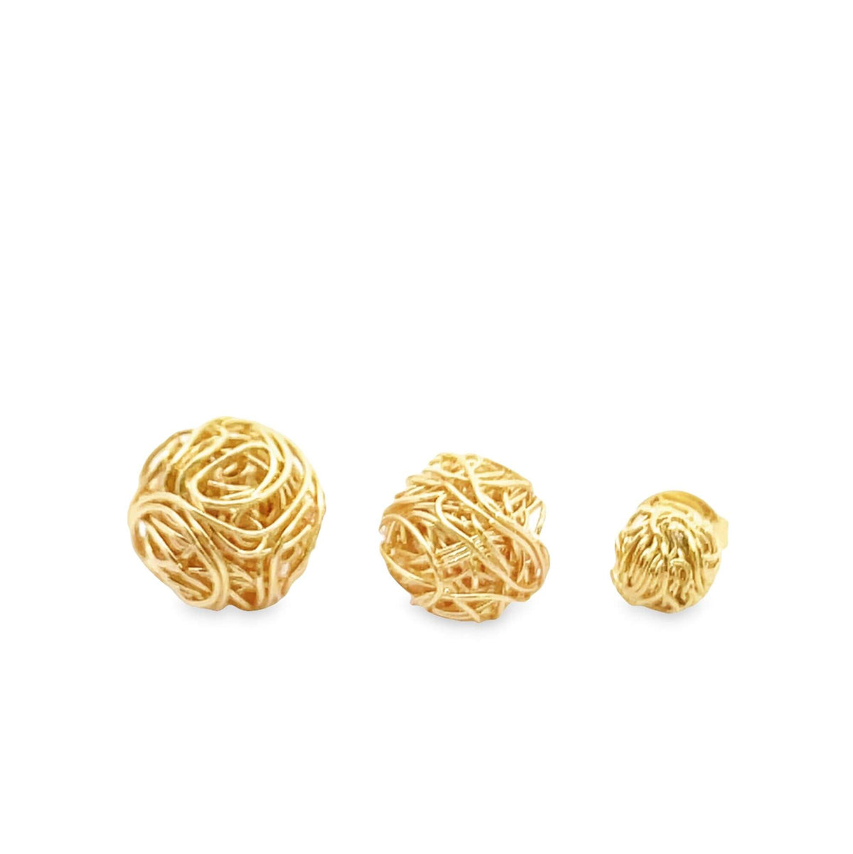 Three spherical gold wire-wrapped earrings of descending sizes sit in a row against a clean white background.
