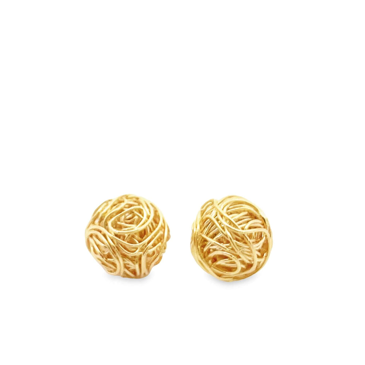 A pair of gold ball stud earrings features a textured, tangled wire design on a clean white background.