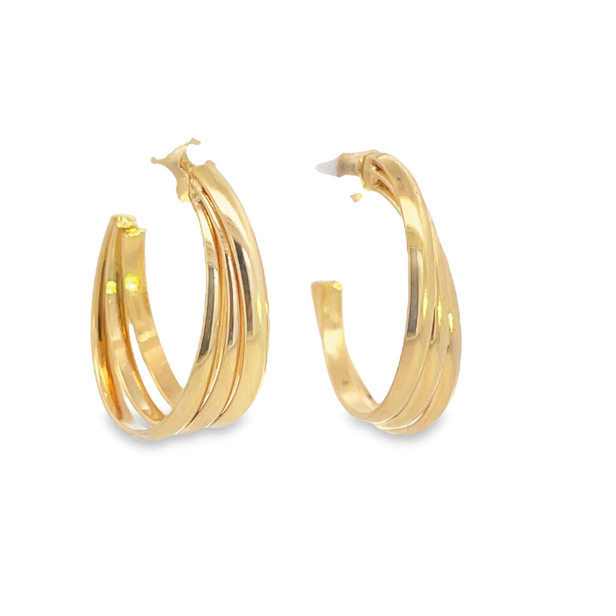 A pair of shiny gold multi-strand hoop earrings rests against a clean white background.