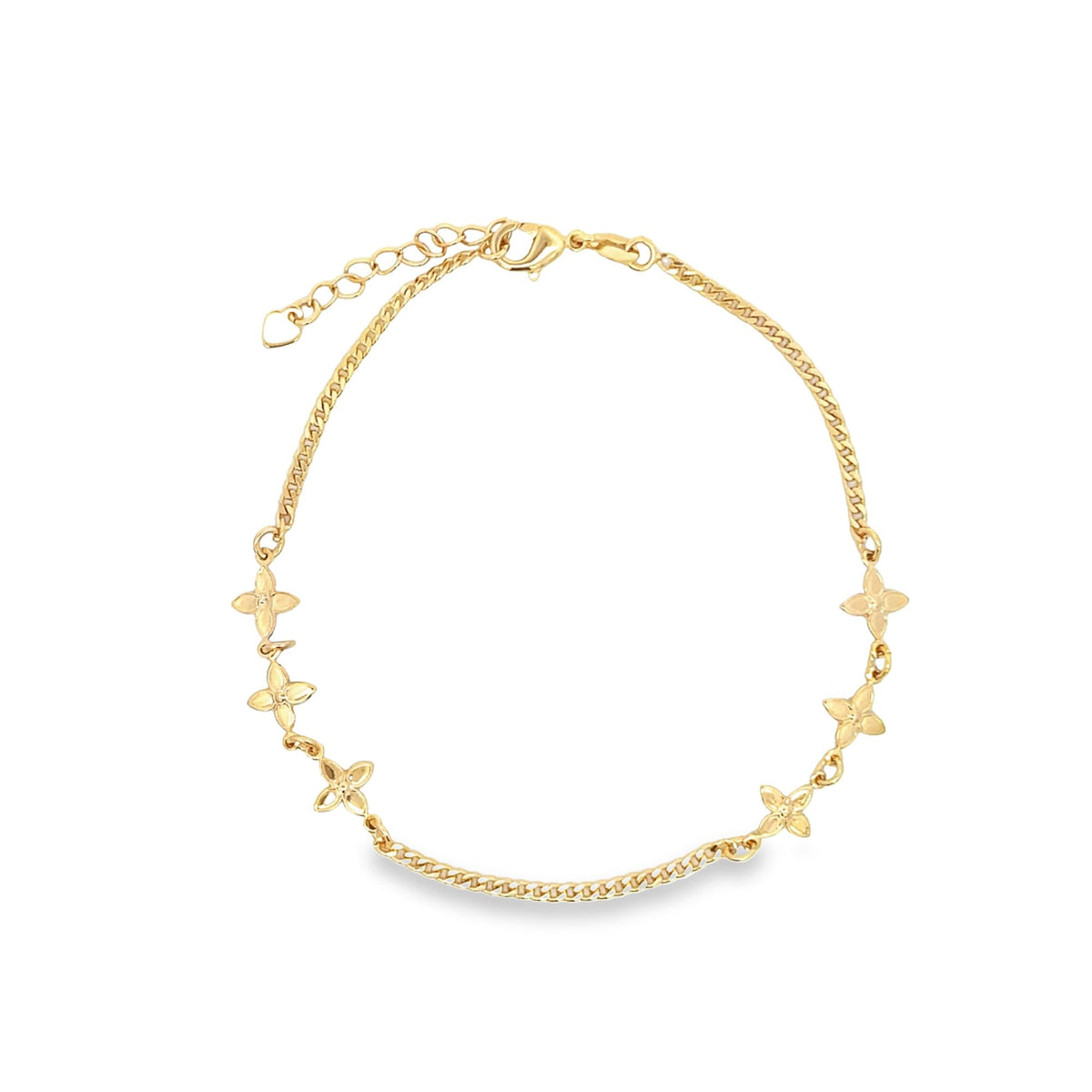 A delicate gold chain bracelet features dainty flower charms along its length against a plain white background.
