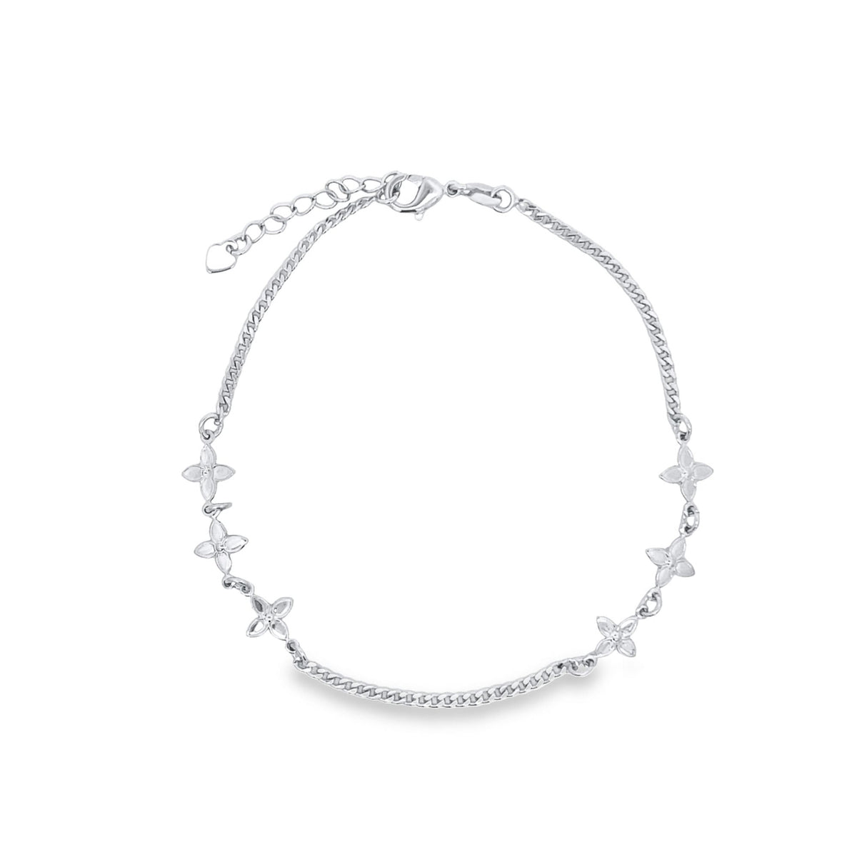 A delicate silver chain bracelet features six dainty flower charms arranged along the links against a clean white background.