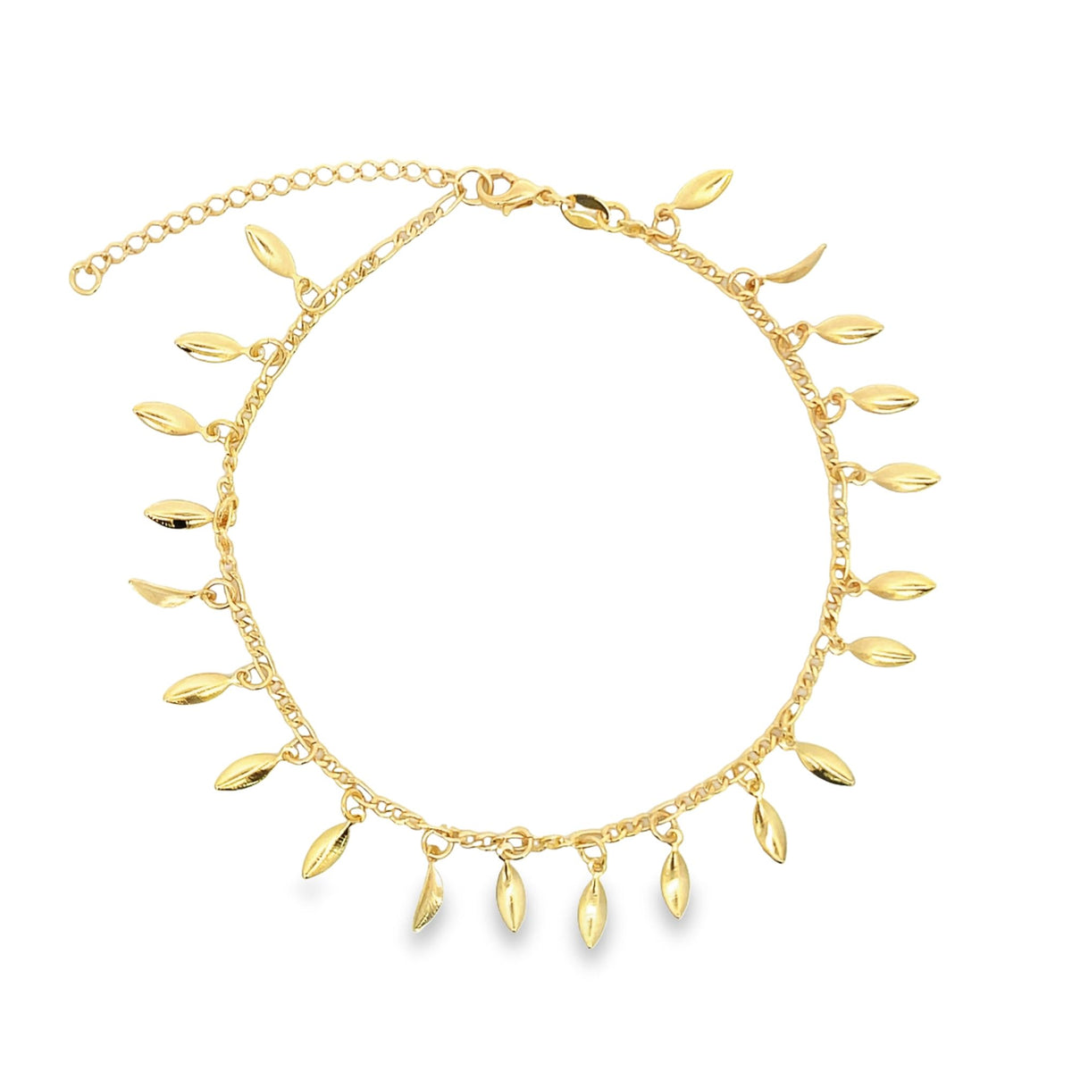 A delicate gold chain anklet dangles with numerous polished leaf charms against a white background.