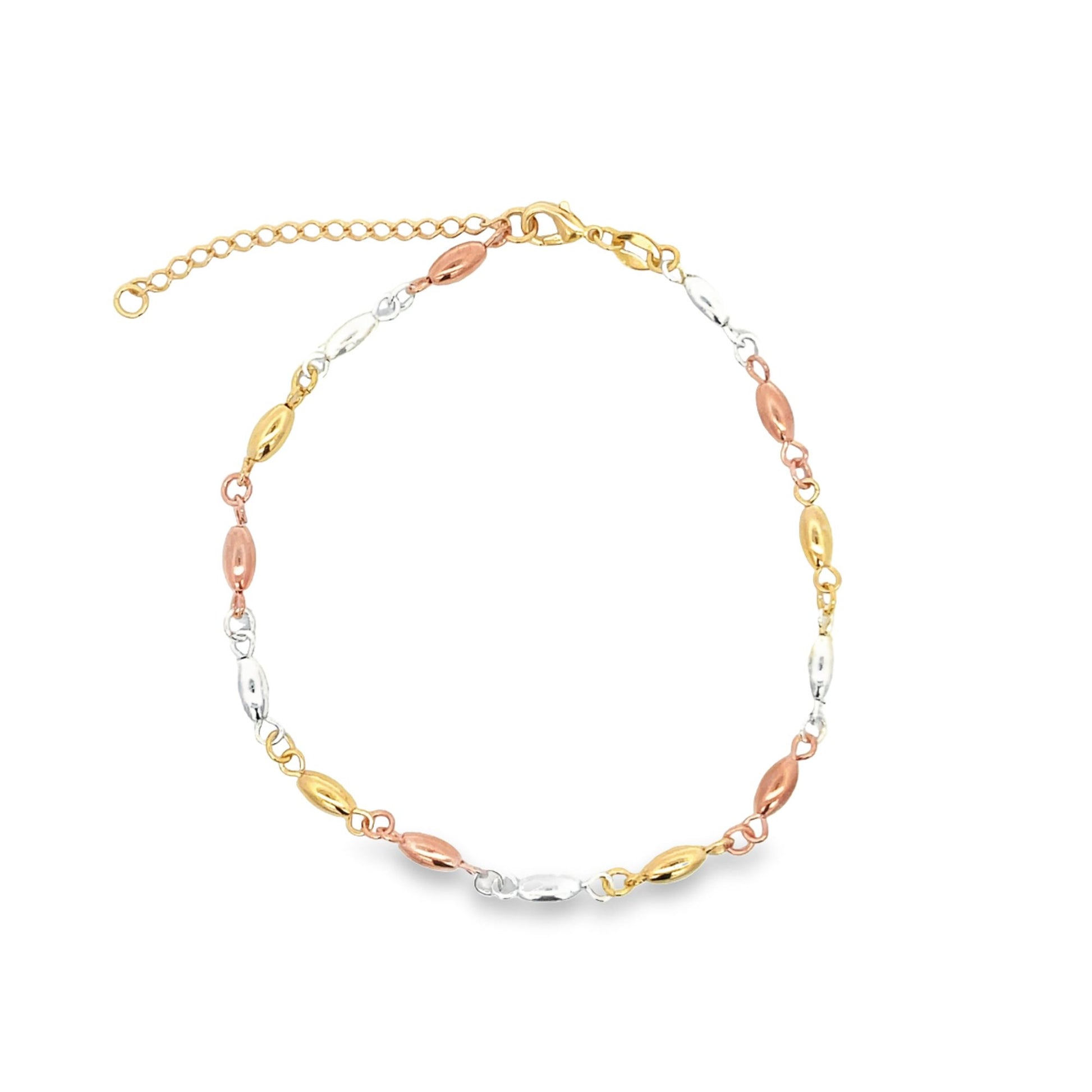 A delicate tri-color gold anklet features alternating yellow, white, and rose gold beads linked in a circle on a white background.