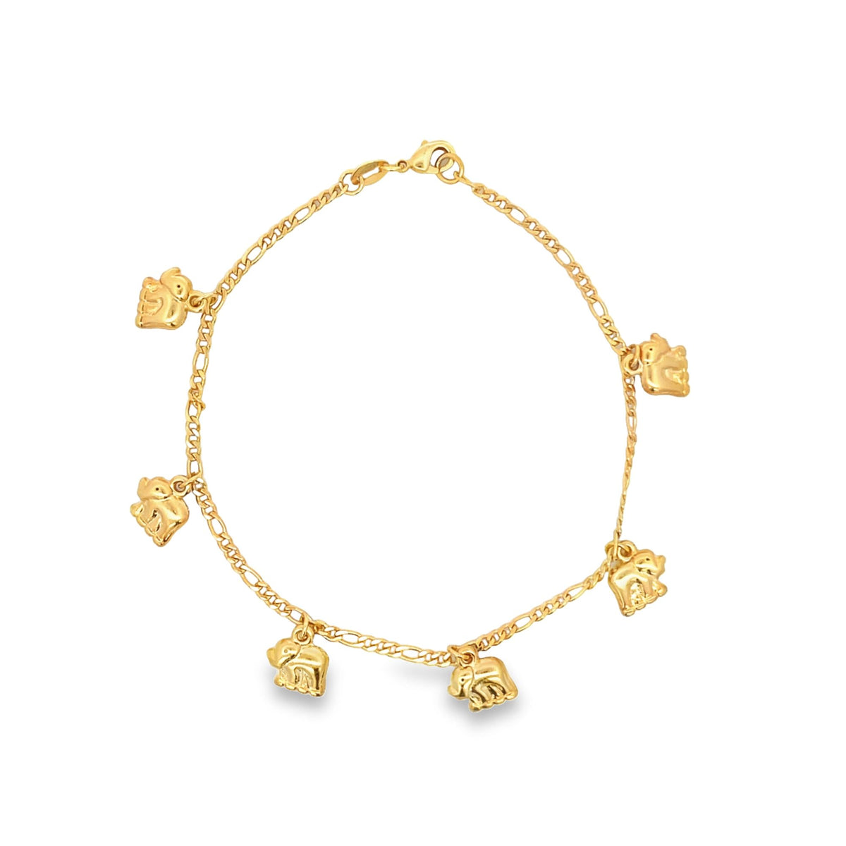 A delicate gold charm bracelet displays six miniature elephant pendants dangling from its fine chain.