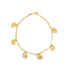 A delicate gold charm bracelet displays six miniature elephant pendants dangling from its fine chain.